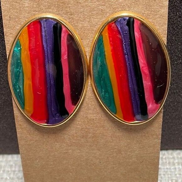 Multicolor Striped Enamel Goldtone Metal Oval Post Earrings Artsy Rainbow - Picture 1 of 4